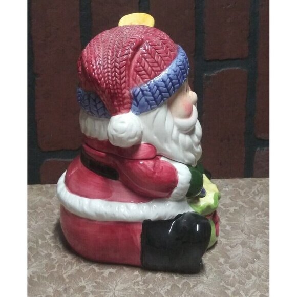 "Santa Claus" cookie jar 9" tall Vintage Santa sitting with gift bag ceramic EUC - Picture 4 of 7